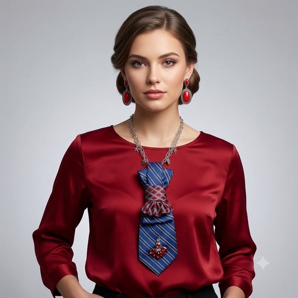 Tommy Hilfiger Upcycled Silk Tie Necklace and Red Drop Earring Set Brooch Charm
